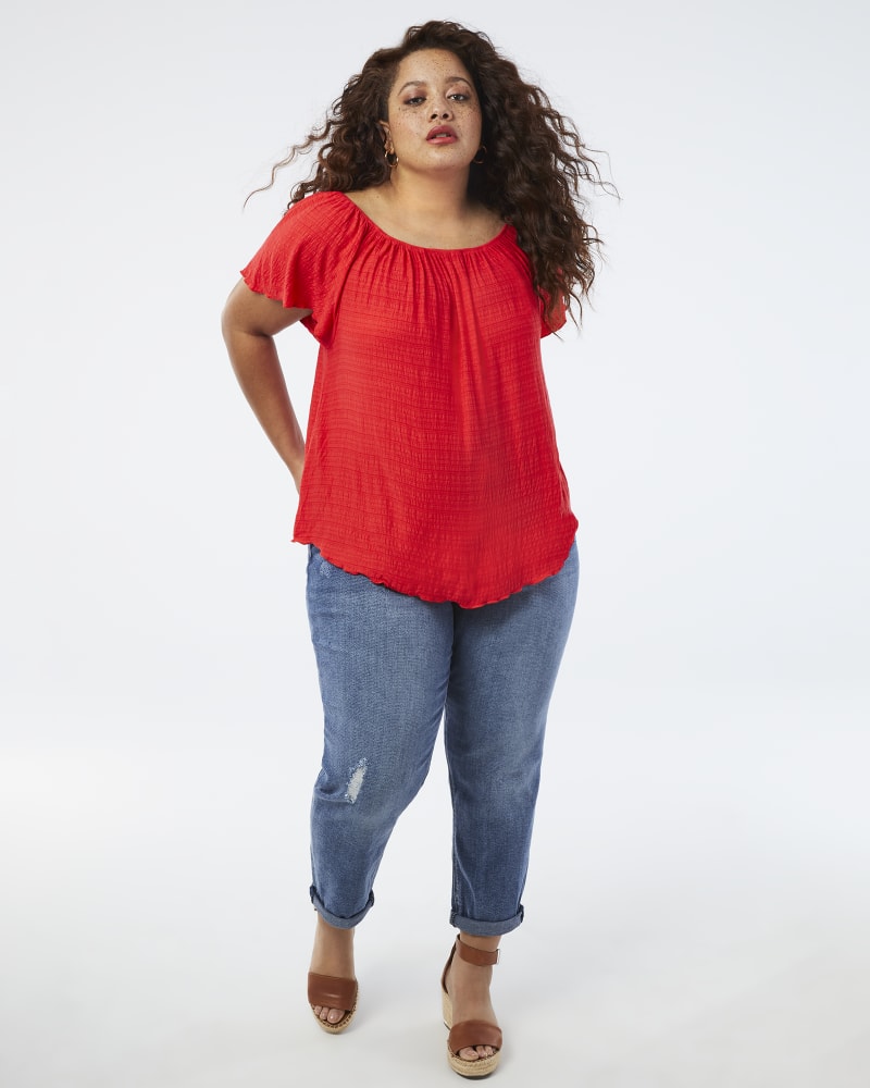Plus size model with pear body shape wearing Chrissy Peasant Top by Cameo | Dia&Co | dia_product_style_image_id:157564